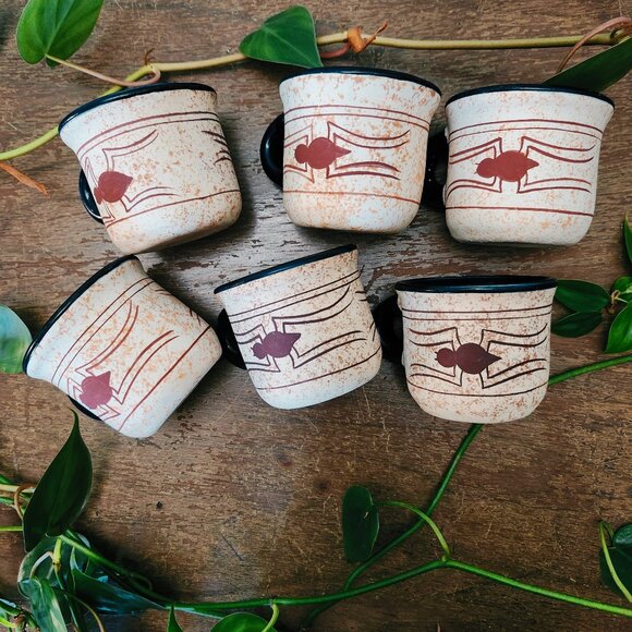 RARE Vintage Handmade black widow spider ceramic espresso mugs, set of 6 - Picture 1 of 13